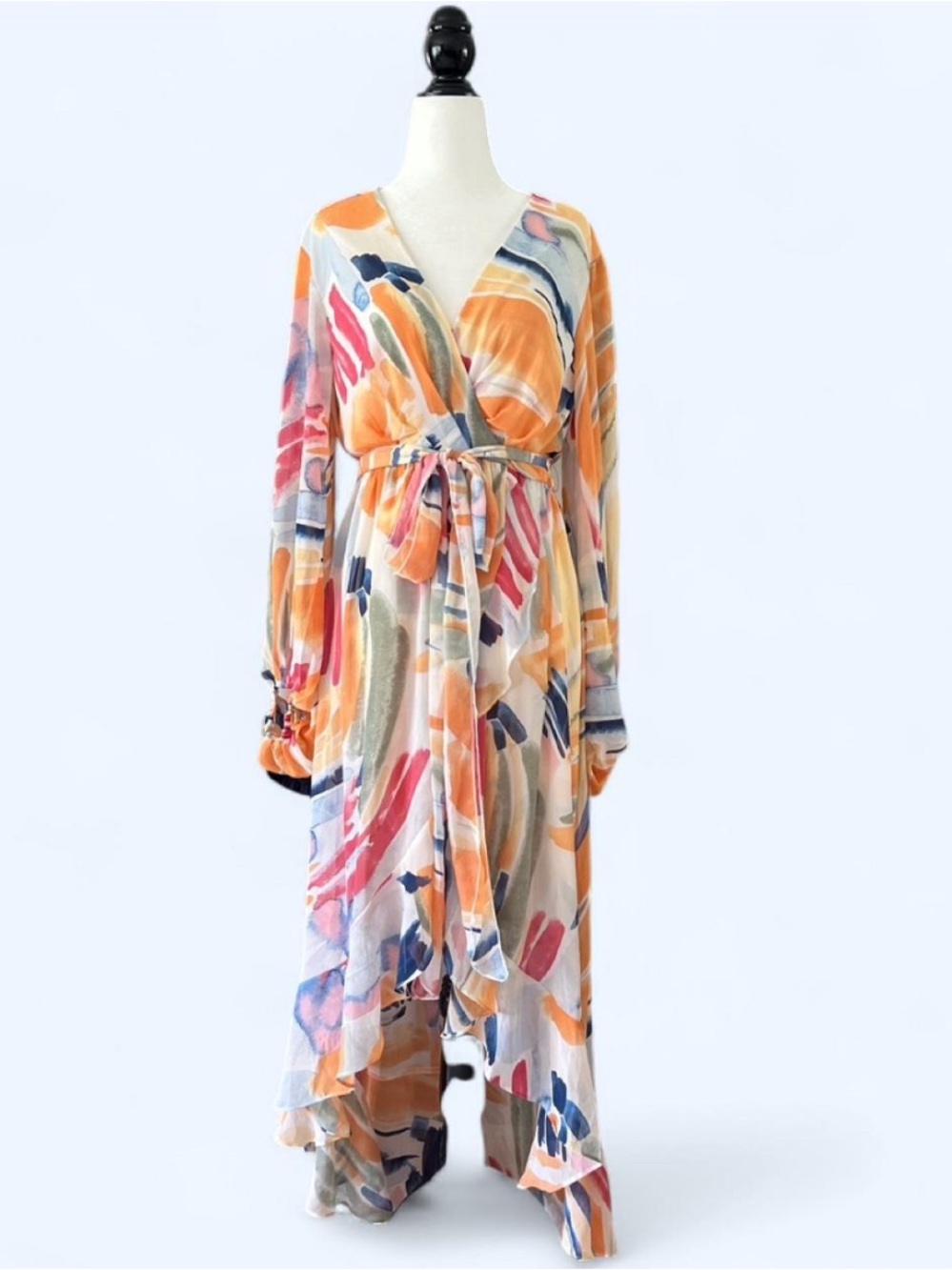 Abstract Print Maxi Dress Boho Resort Vacation Tie Waist Long Sleeve Small